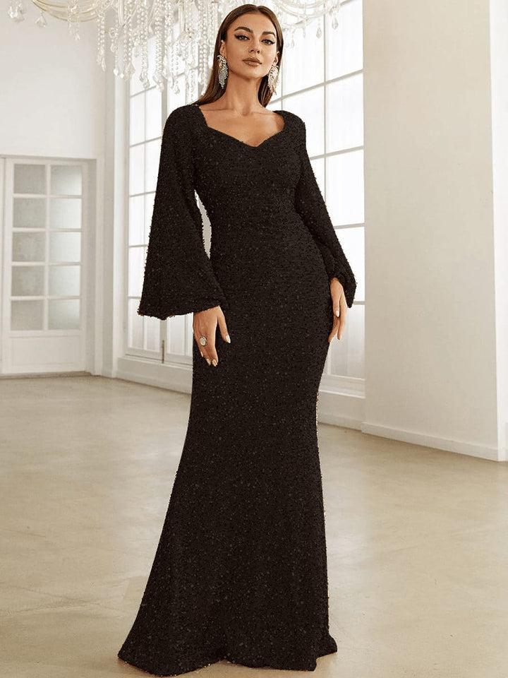 Sequined Maxi Wedding Guest Dress with V - Neckline - Elestira