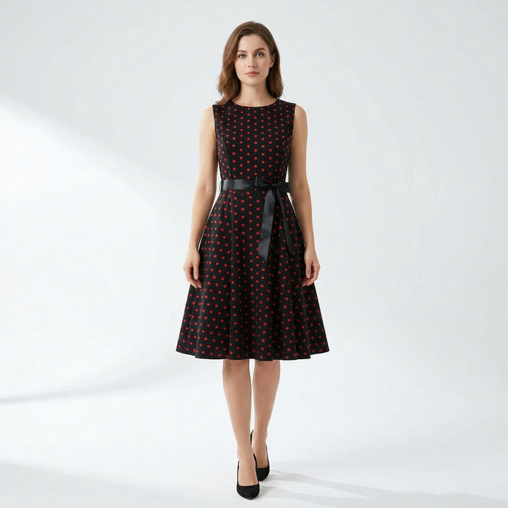 Sleeveless Polka Dot Fit &amp; Flare Dress for Women - Elestira
