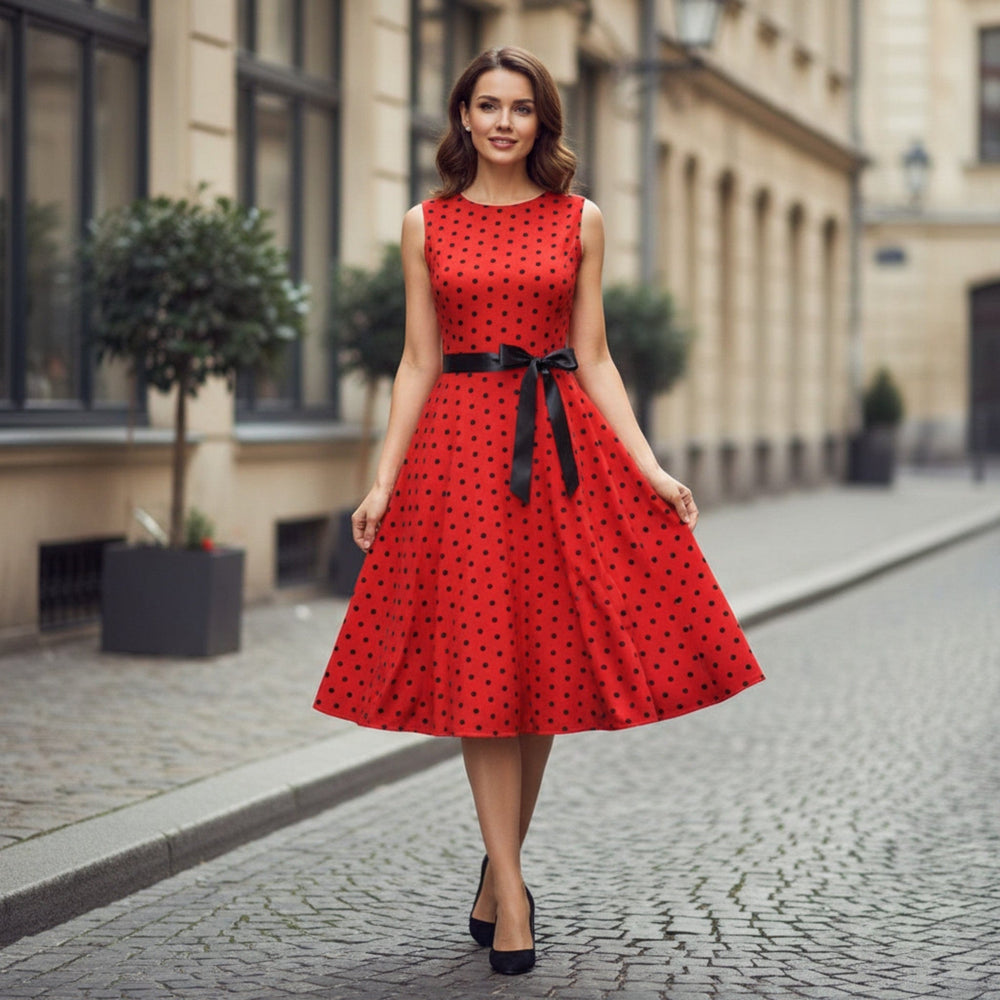 Sleeveless Polka Dot Fit & Flare Dress for Women - Elestira