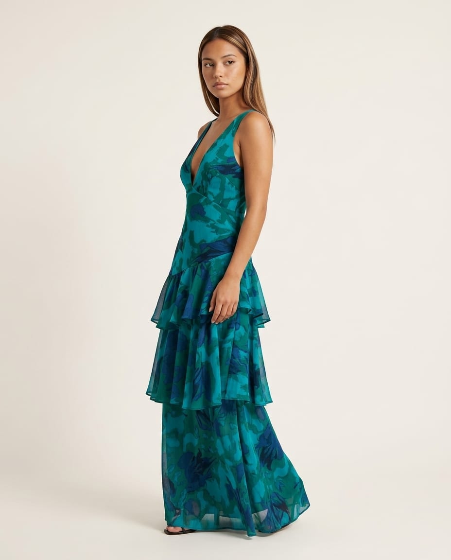 Sleeveless Tiered Maxi Dress with V - Neck - Elestira