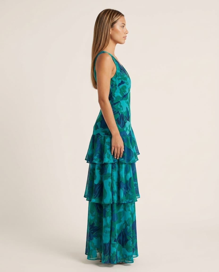 Sleeveless Tiered Maxi Dress with V - Neck - Elestira