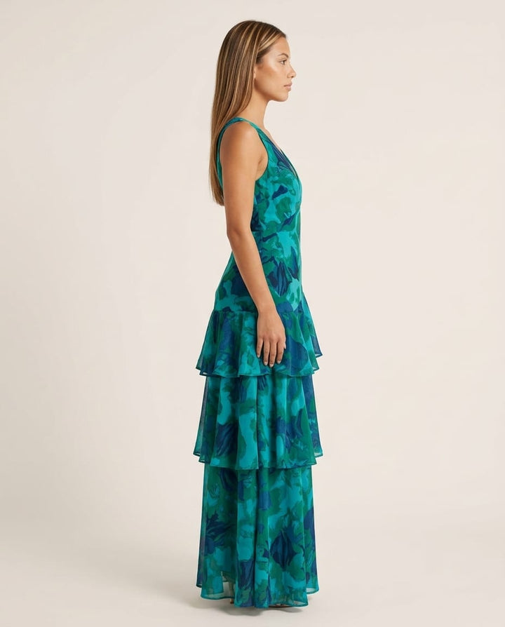 Sleeveless Tiered Maxi Dress with V - Neck - Elestira