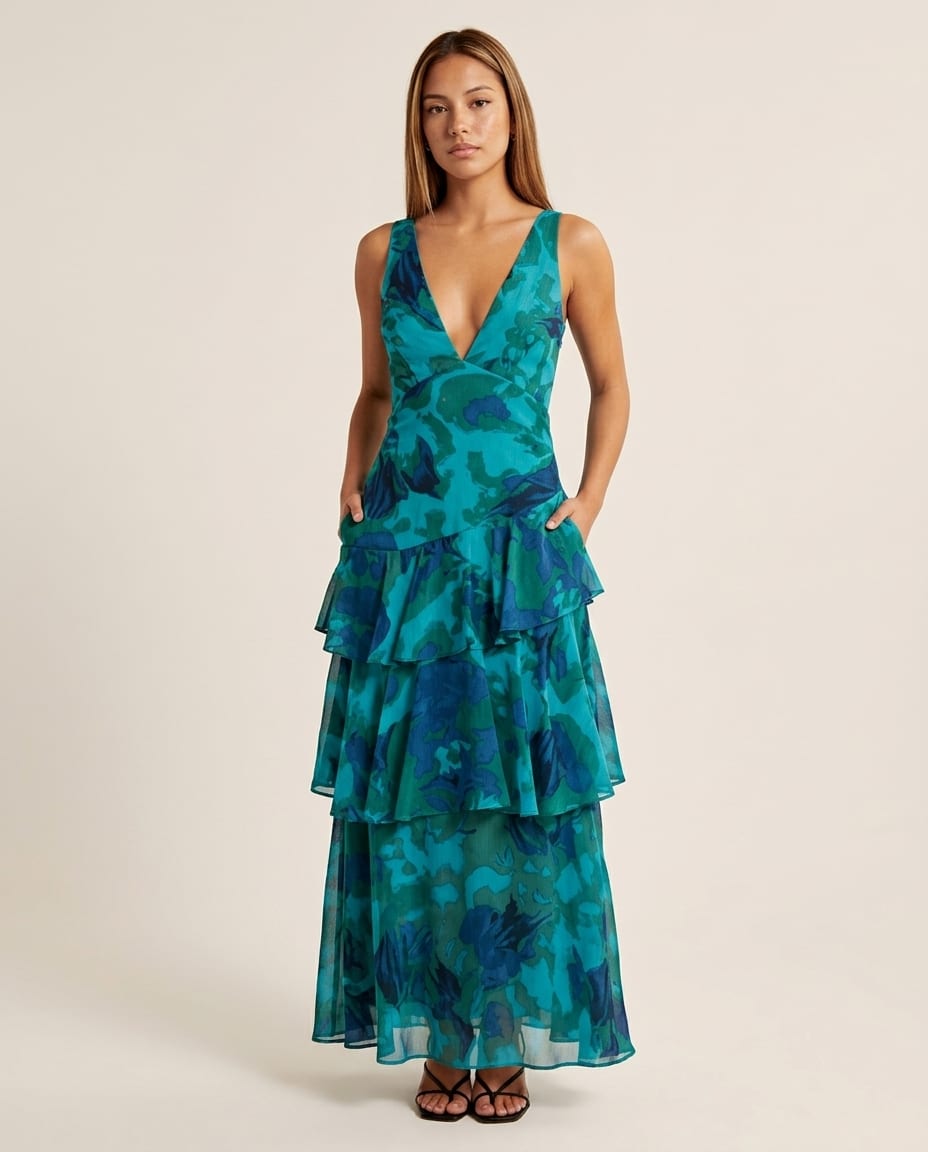 Sleeveless Tiered Maxi Dress with V - Neck - Elestira