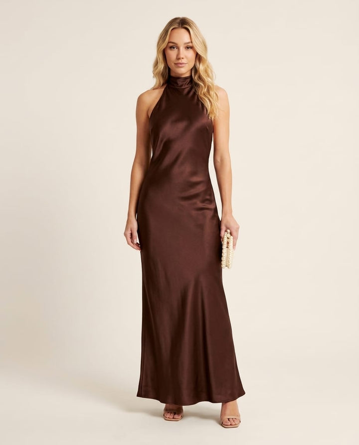 Sophisticated Velvet Midi Dress with Halter Neck - Elestira