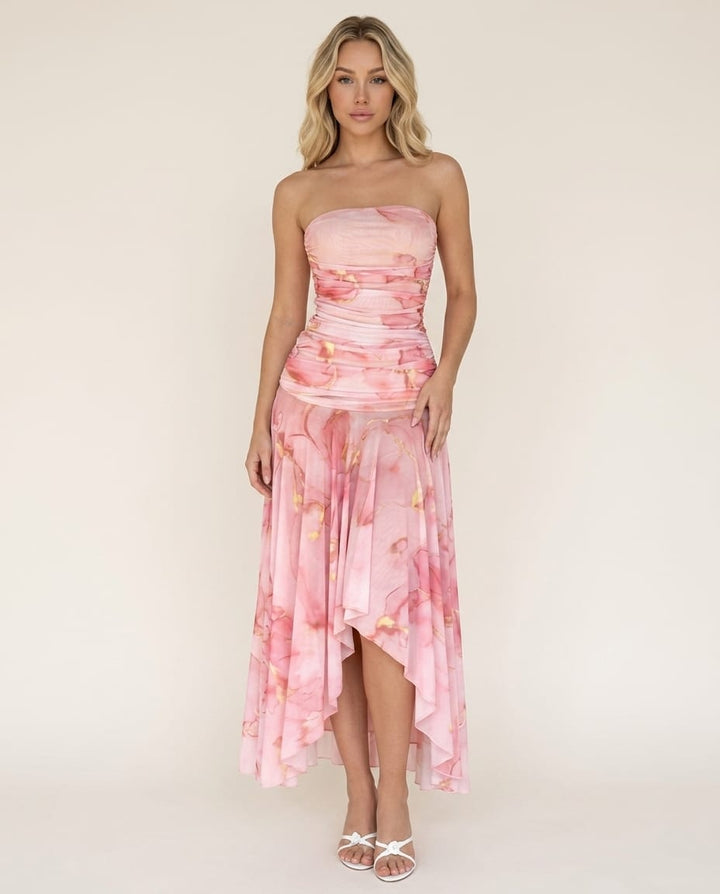 Strapless Wedding Guest Floral Maxi Dress - Elestira