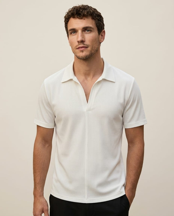 Stylish Ribbed Short Sleeve Shirt with Open Collar - Elestira