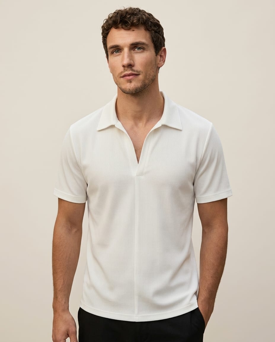 Stylish Ribbed Short Sleeve Shirt with Open Collar - Elestira