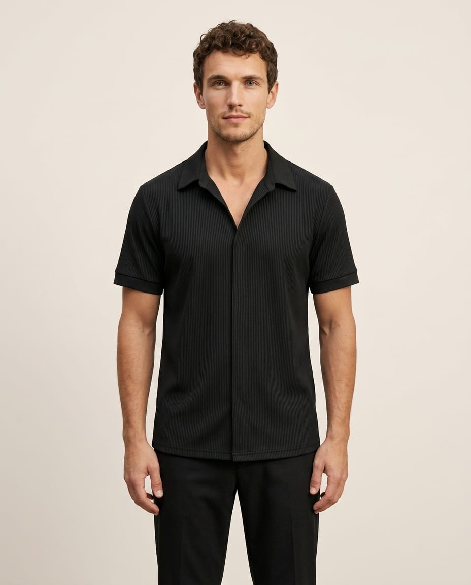Stylish Ribbed Short Sleeve Shirt with Open Collar - Elestira