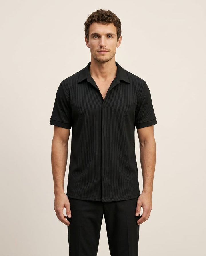 Stylish Ribbed Short Sleeve Shirt with Open Collar - Elestira