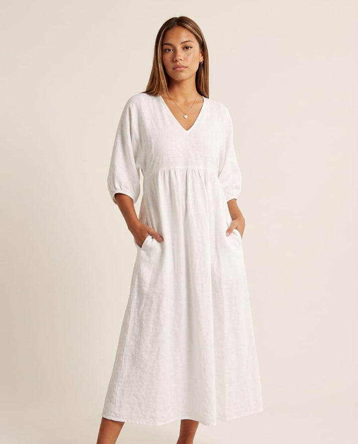 V - Neck Maxi Dress with Functional Pockets - Elestira