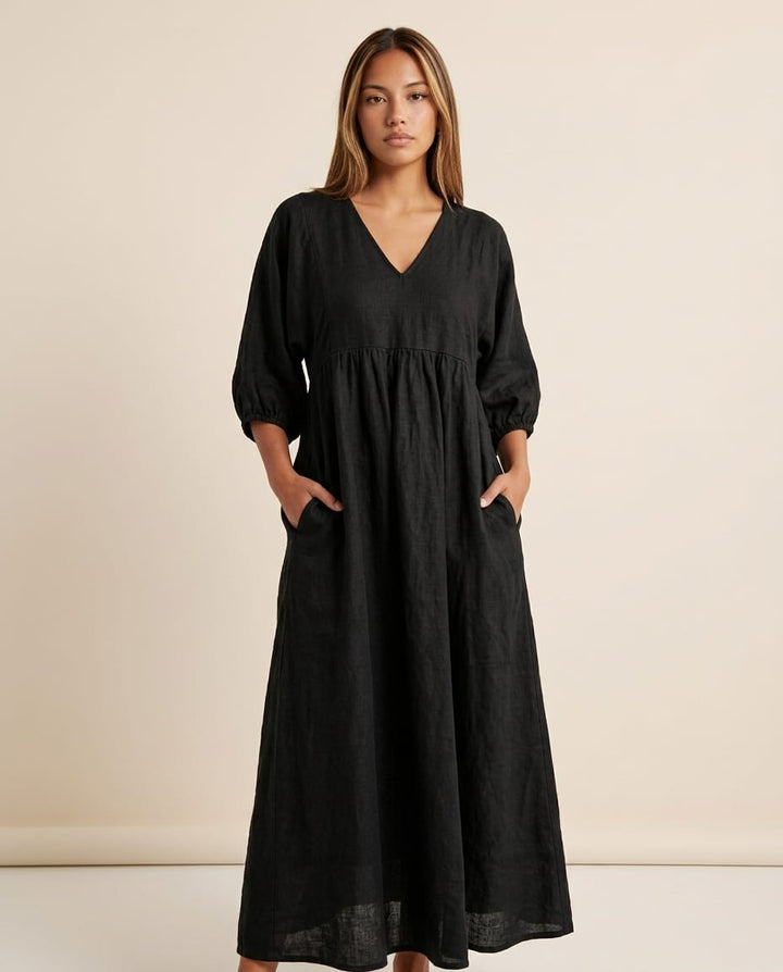 V - Neck Maxi Dress with Functional Pockets - Elestira