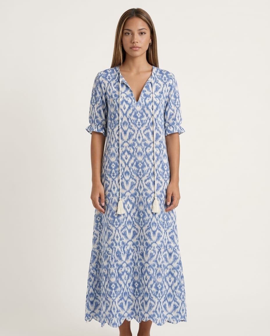 V - Neck Maxi Dress with Short Sleeves - Elestira