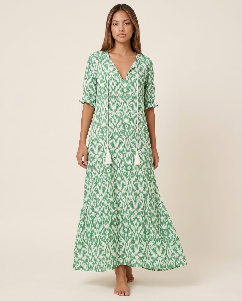 V - Neck Maxi Dress with Short Sleeves - Elestira