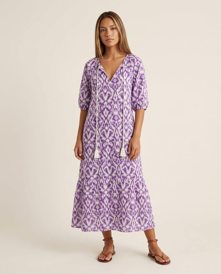 V - Neck Maxi Dress with Short Sleeves - Elestira
