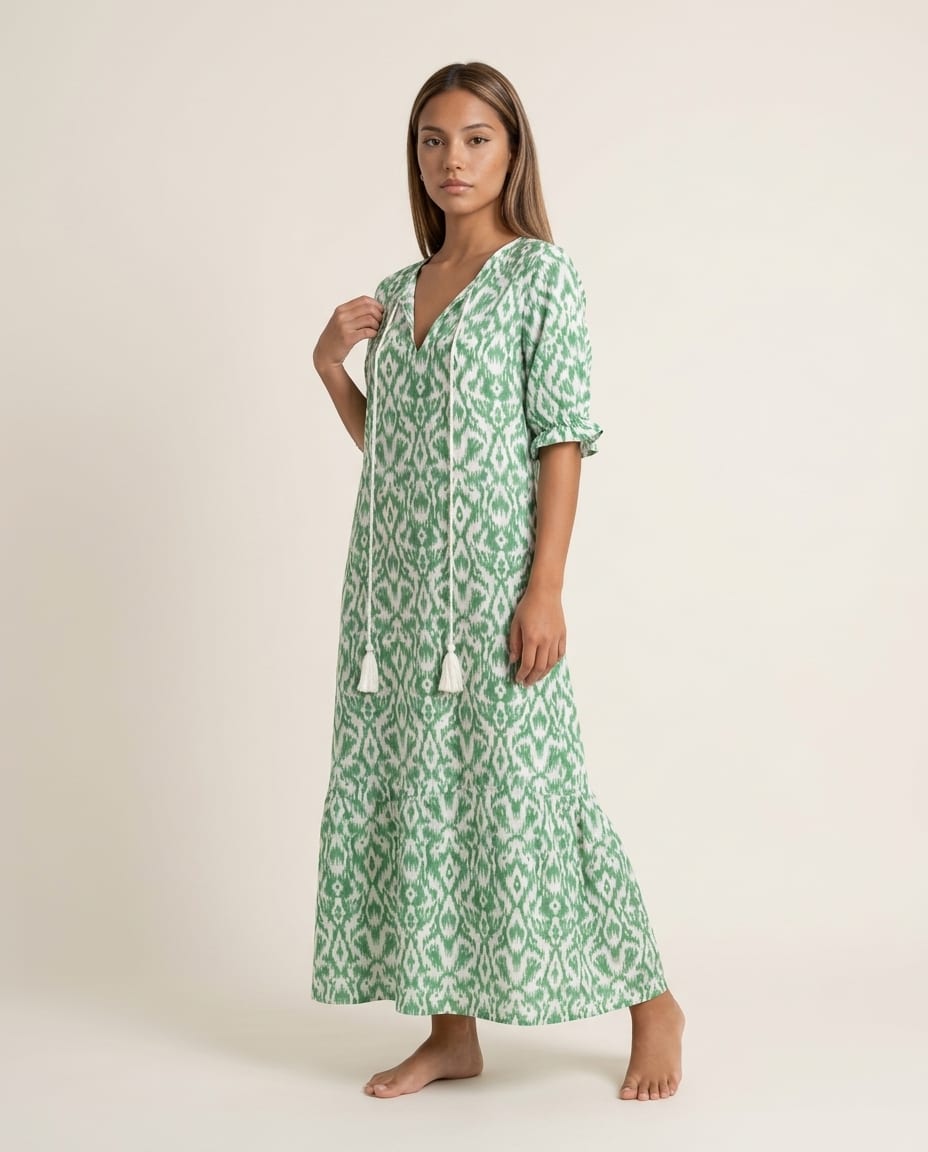 V - Neck Maxi Dress with Short Sleeves - Elestira