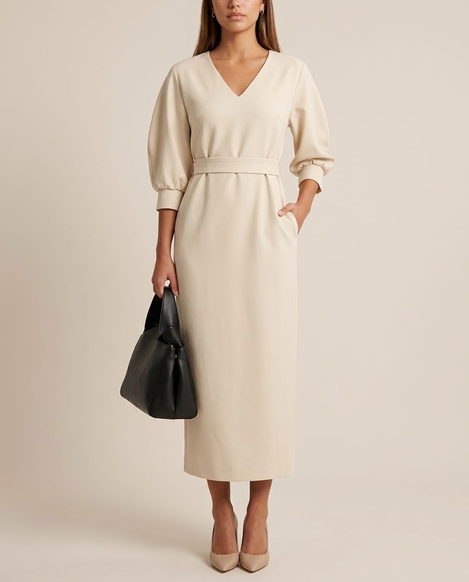 V - Neck Midi Dress with Belted Waist - Elestira
