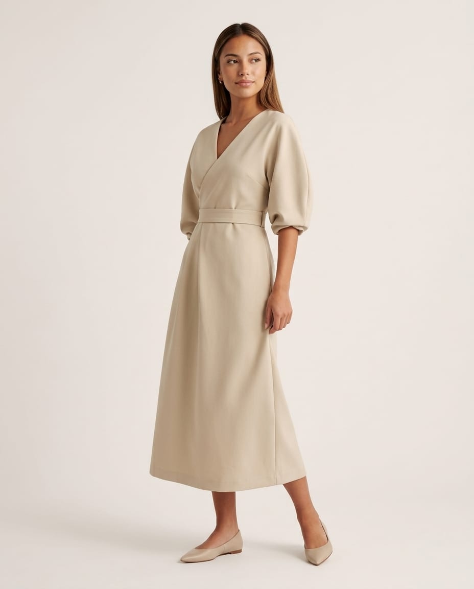 V - Neck Midi Dress with Belted Waist - Elestira