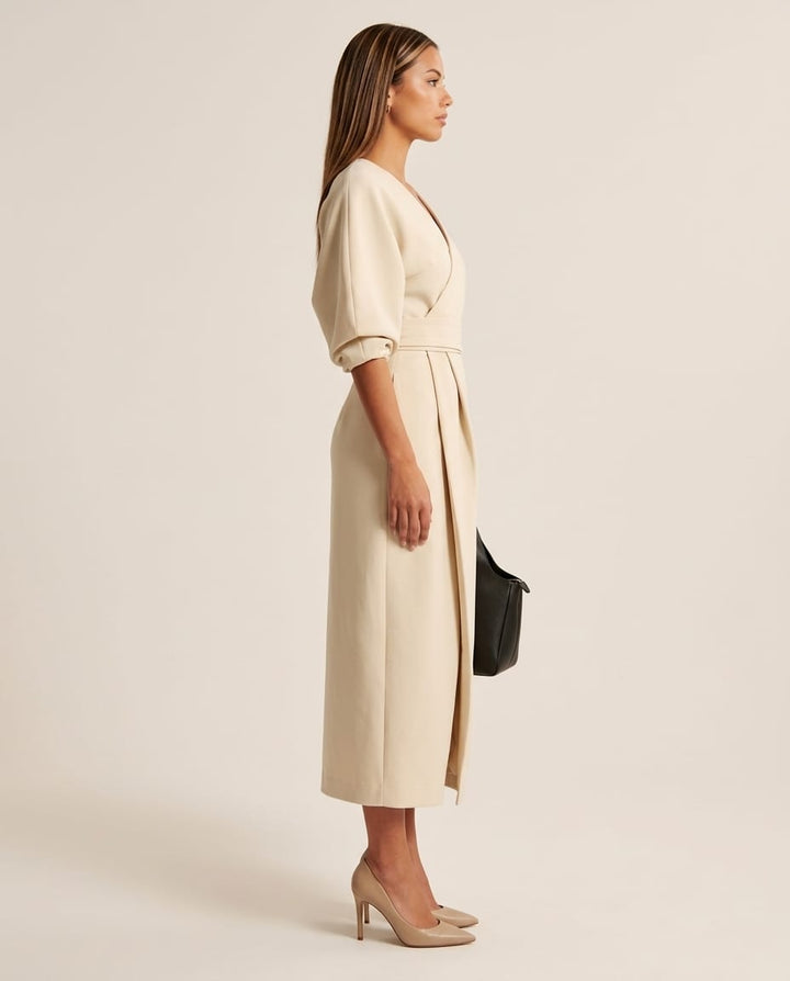 V - Neck Midi Dress with Belted Waist - Elestira