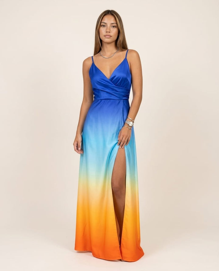 Vibrant High - Slit V - Neck Maxi Dress - Elestira