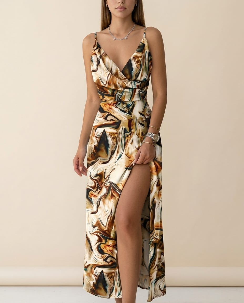 Vibrant High - Slit V - Neck Maxi Dress - Elestira