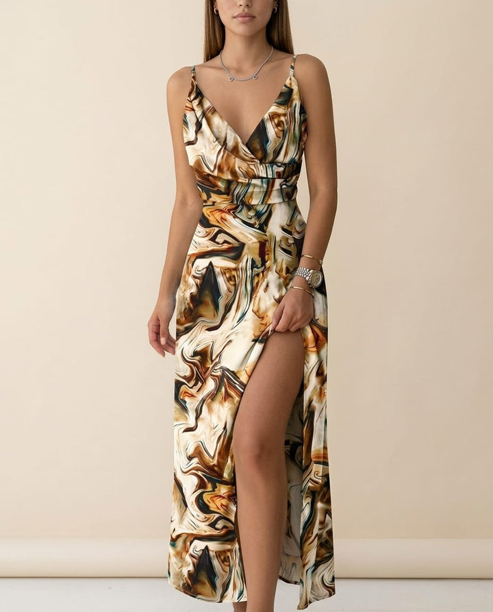 Vibrant High - Slit V - Neck Maxi Dress - Elestira