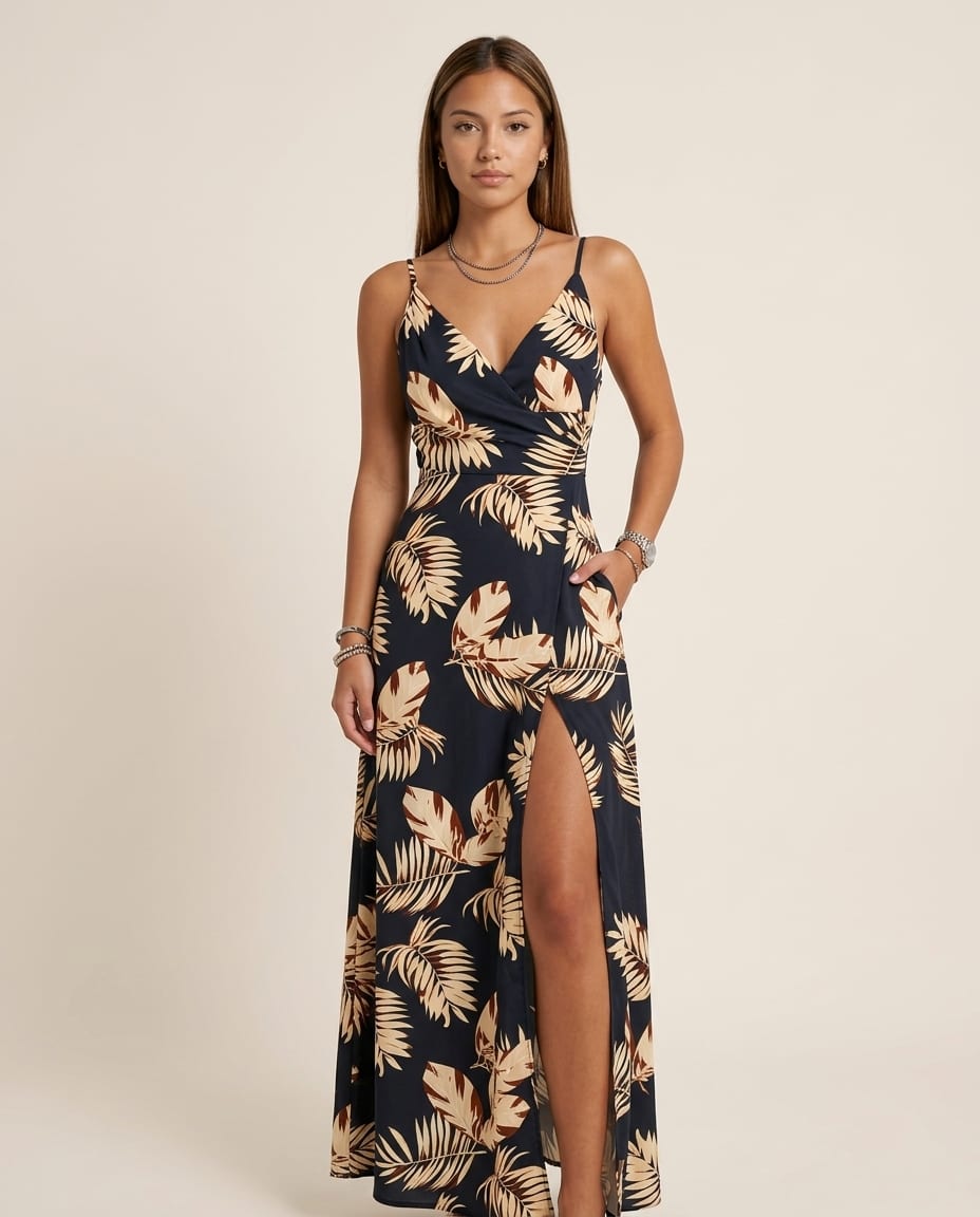 Vibrant High - Slit V - Neck Maxi Dress - Elestira