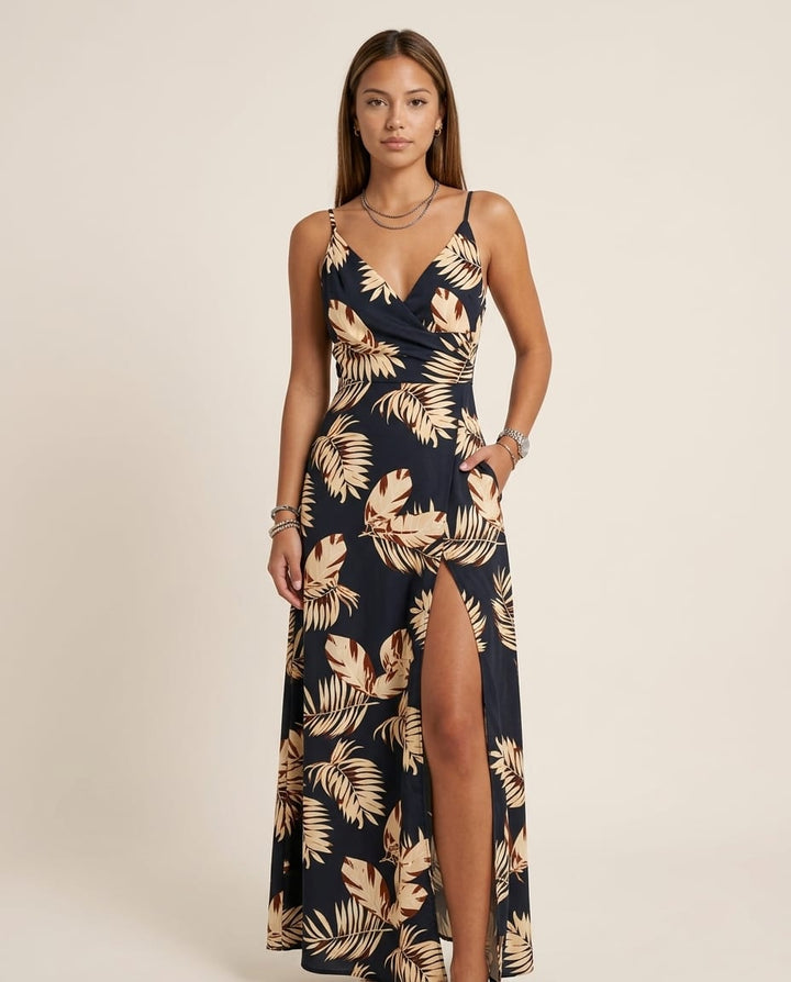 Vibrant High - Slit V - Neck Maxi Dress - Elestira