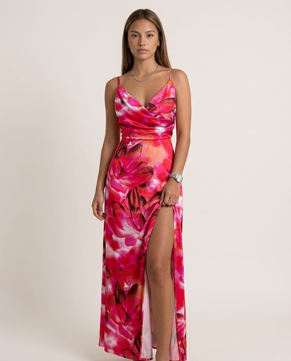 Vibrant High - Slit V - Neck Maxi Dress - Elestira