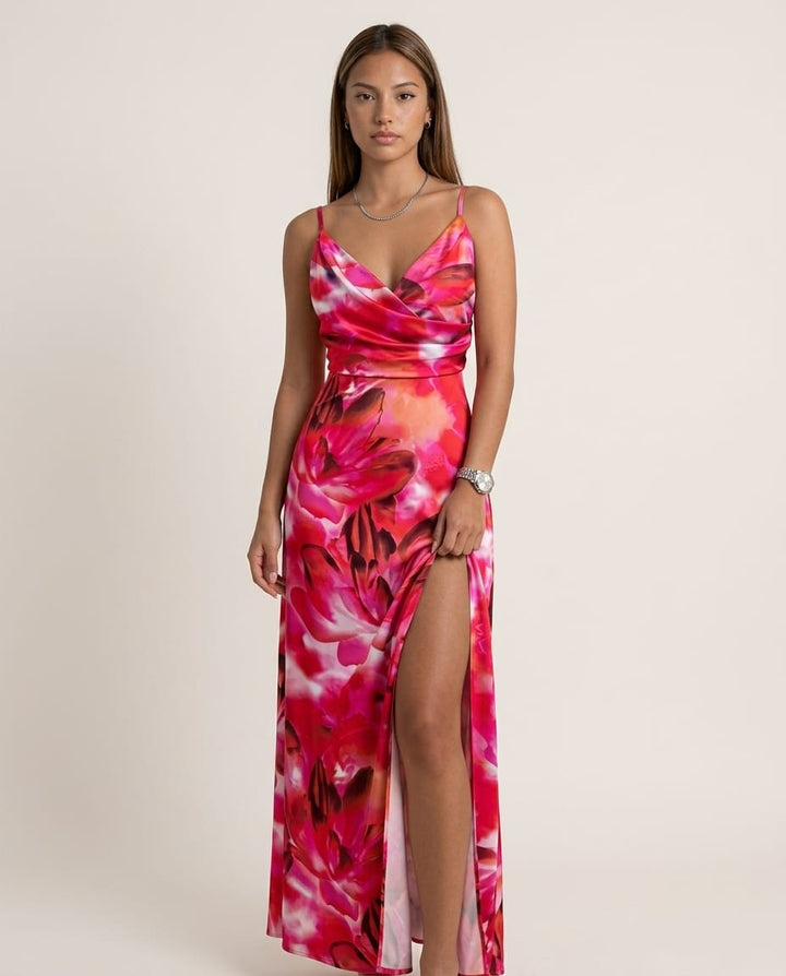 Vibrant High - Slit V - Neck Maxi Dress - Elestira