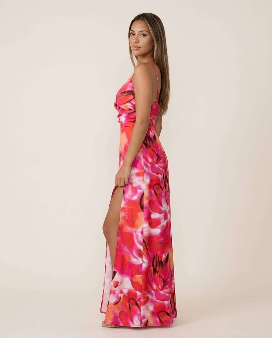 Vibrant High - Slit V - Neck Maxi Dress - Elestira