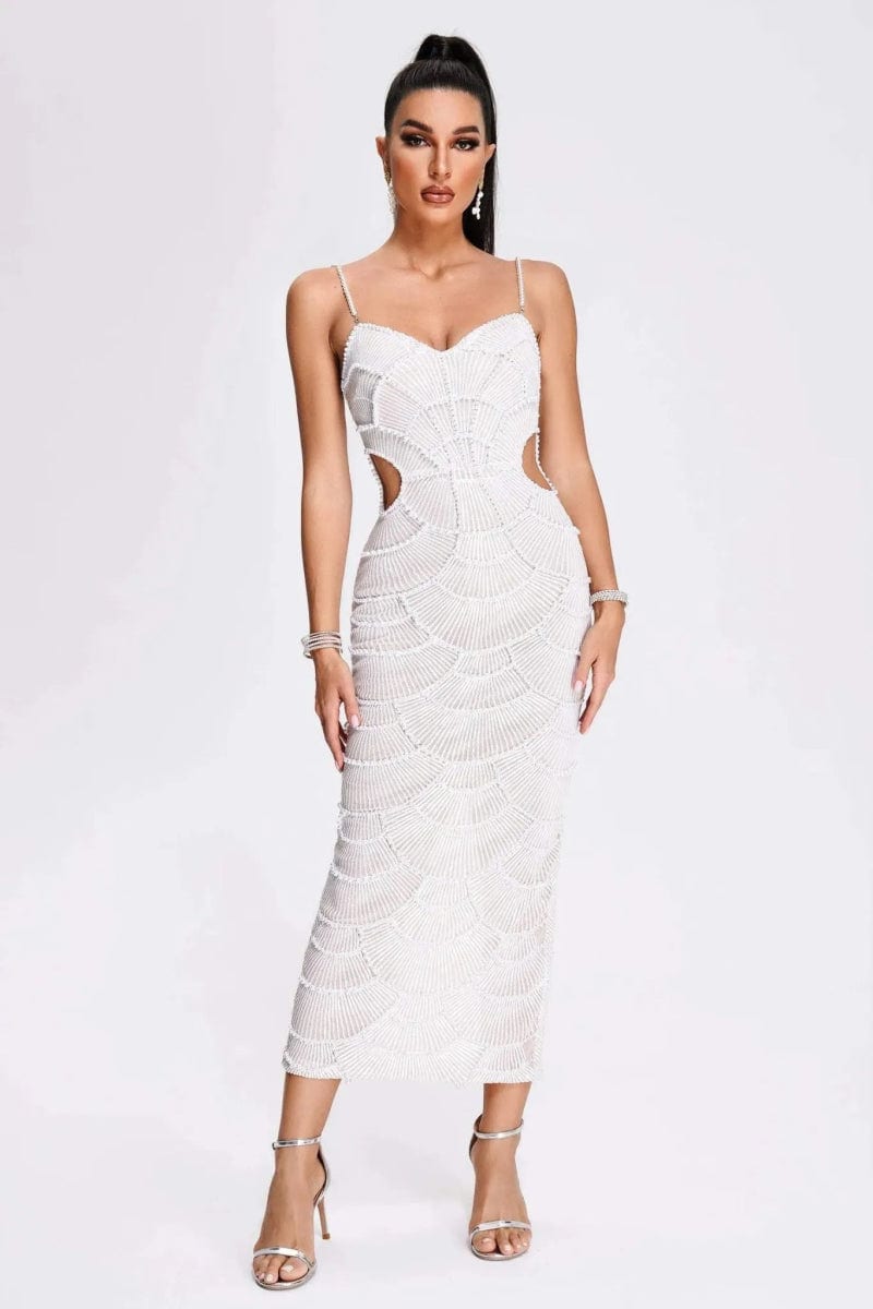 White Pearl - Embellished Cut - Out Midi Wedding Guest Dress - Elestira