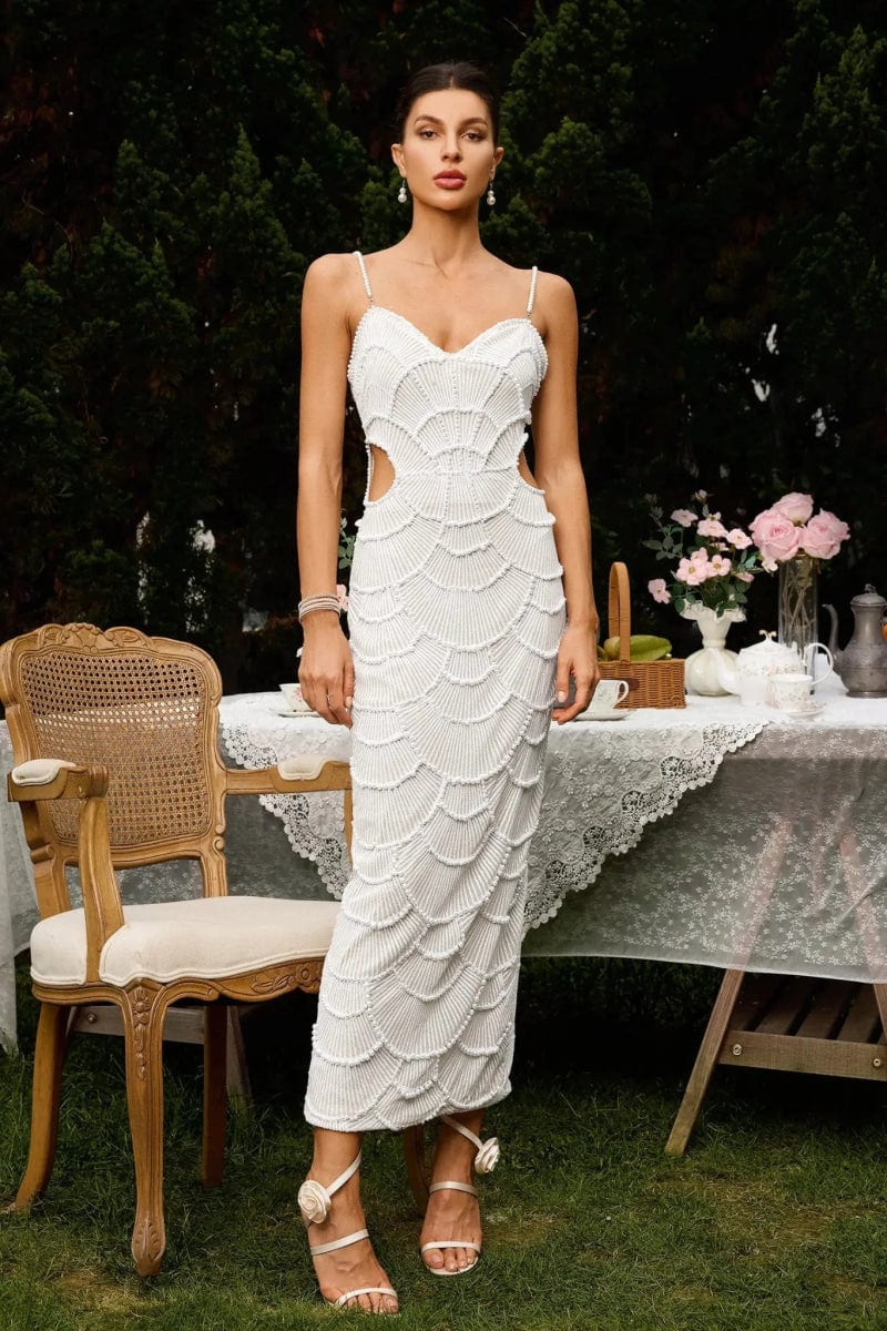 White Pearl - Embellished Cut - Out Midi Wedding Guest Dress - Elestira