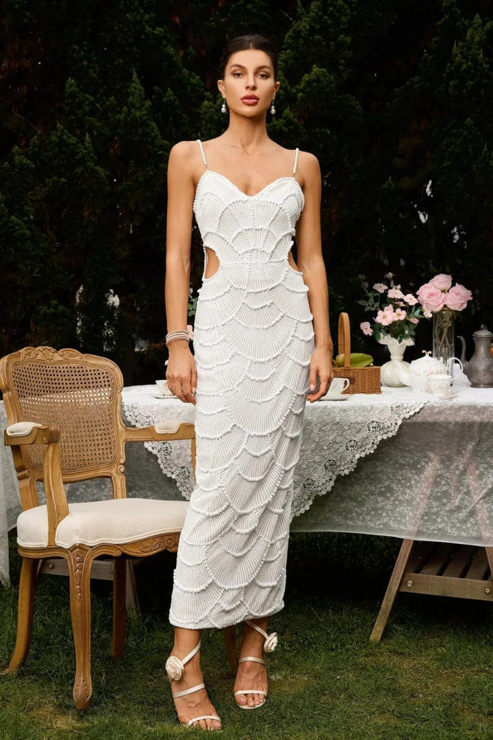 White Pearl - Embellished Cut - Out Midi Wedding Guest Dress - Elestira