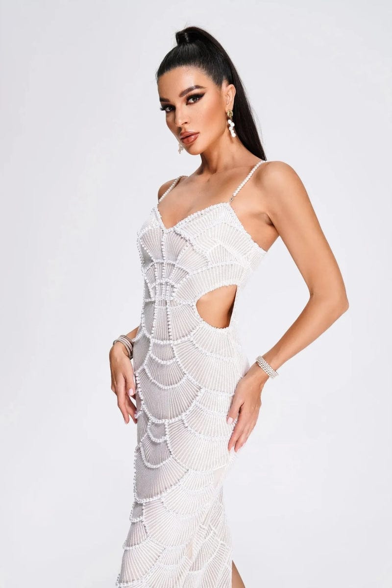 White Pearl - Embellished Cut - Out Midi Wedding Guest Dress - Elestira