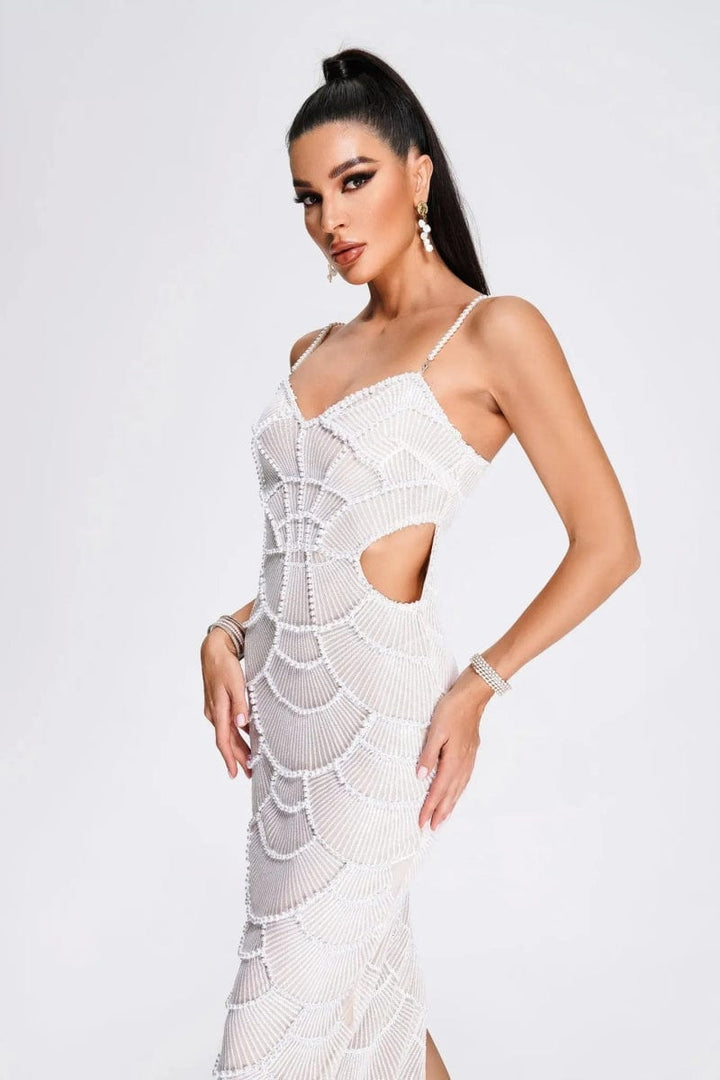 White Pearl - Embellished Cut - Out Midi Wedding Guest Dress - Elestira