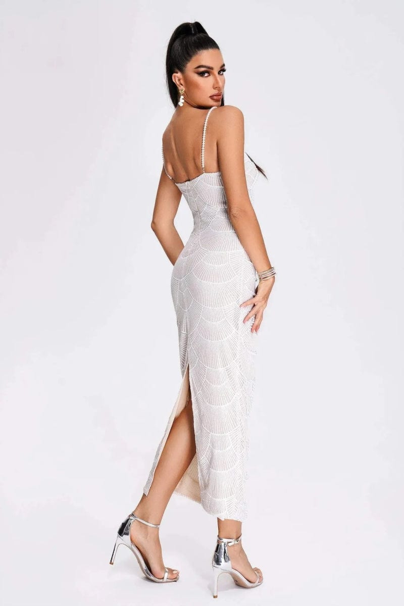 White Pearl - Embellished Cut - Out Midi Wedding Guest Dress - Elestira