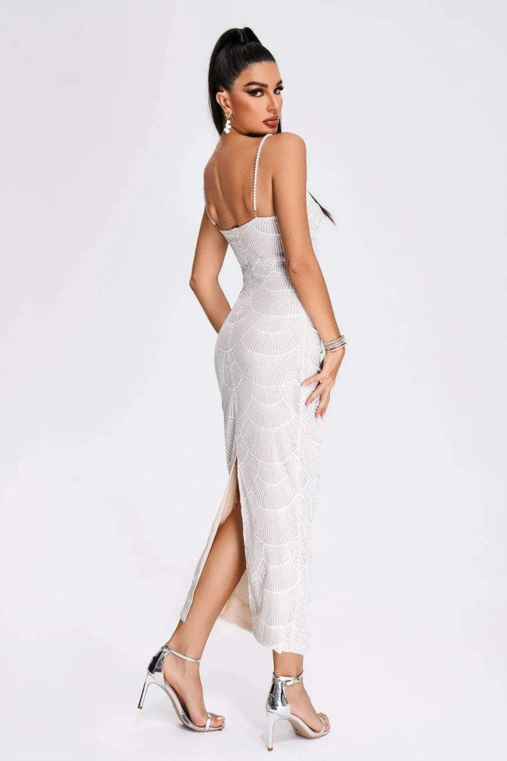 White Pearl - Embellished Cut - Out Midi Wedding Guest Dress - Elestira