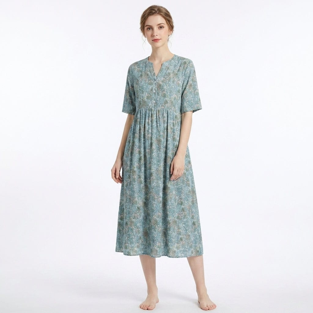 Women's Floral Button - Down V - Neck Midi Dress - Elestira