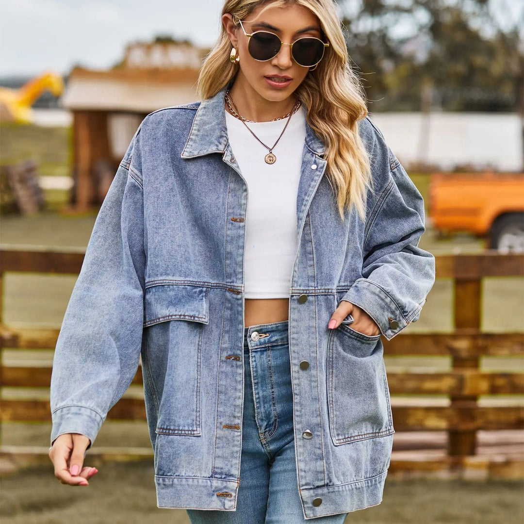 Women's Oversized Denim Jacket with Utility Design - Elestira