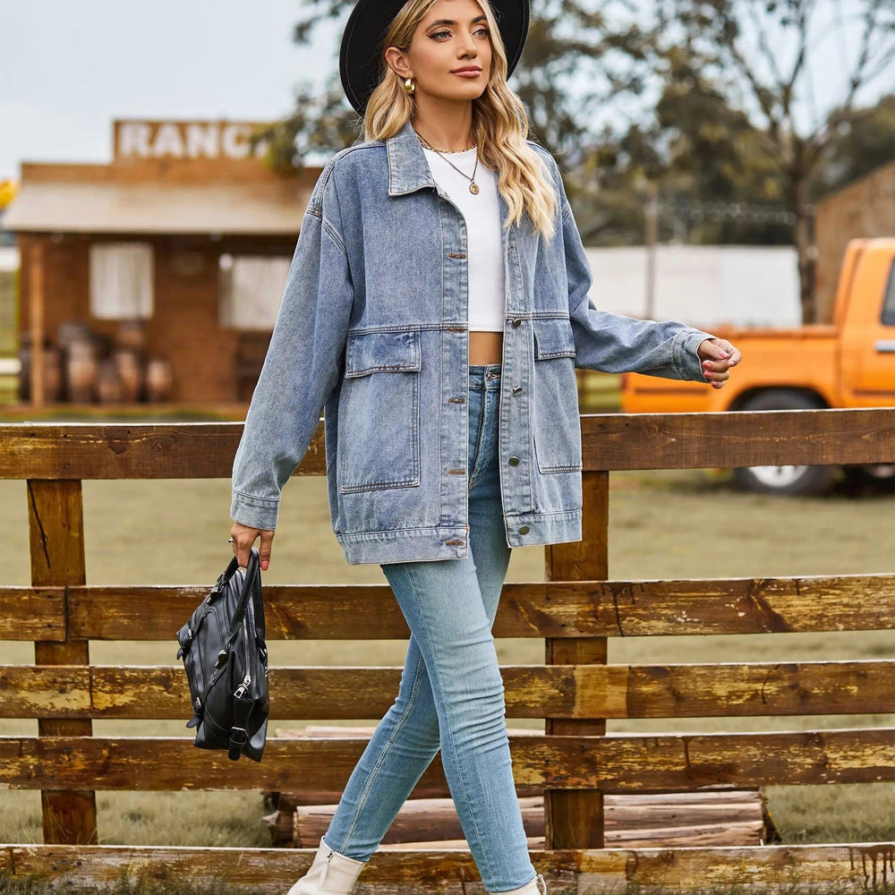 Women's Oversized Denim Jacket with Utility Design - Elestira
