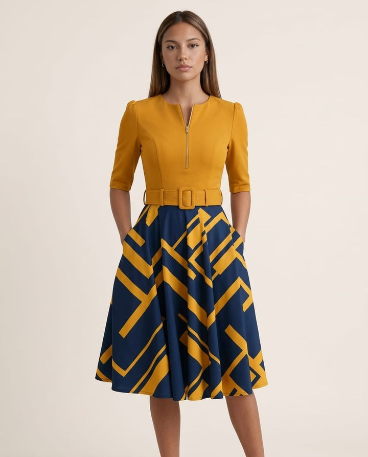 Zip Front Belted Midi Dress with Mixed Print Skirt - Elestira