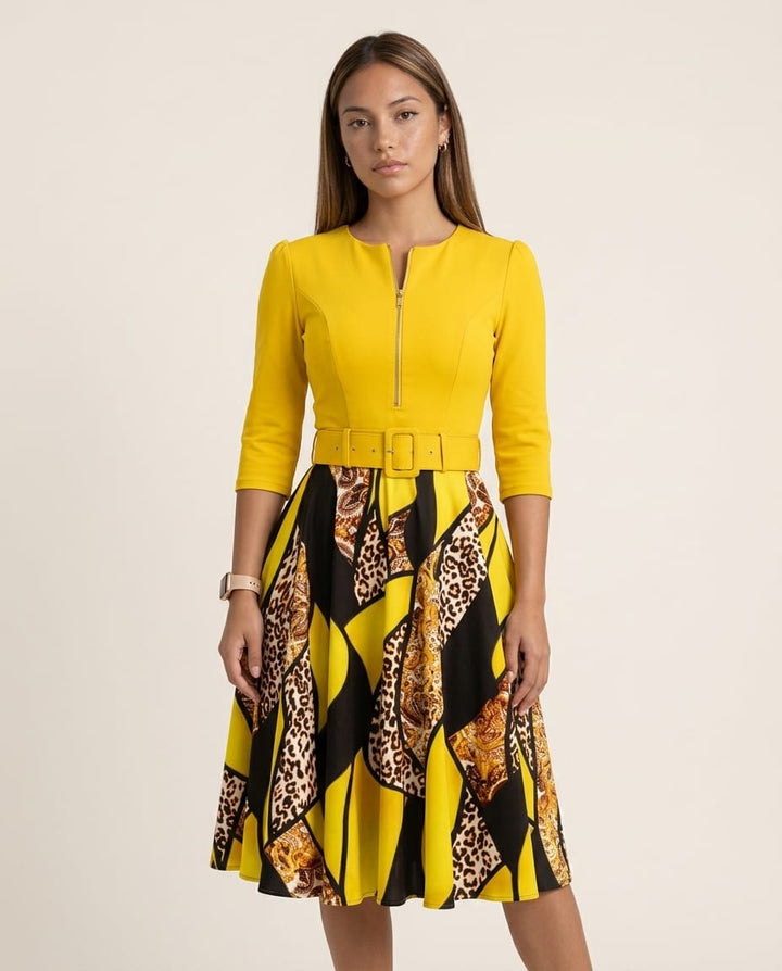 Zip Front Belted Midi Dress with Mixed Print Skirt - Elestira