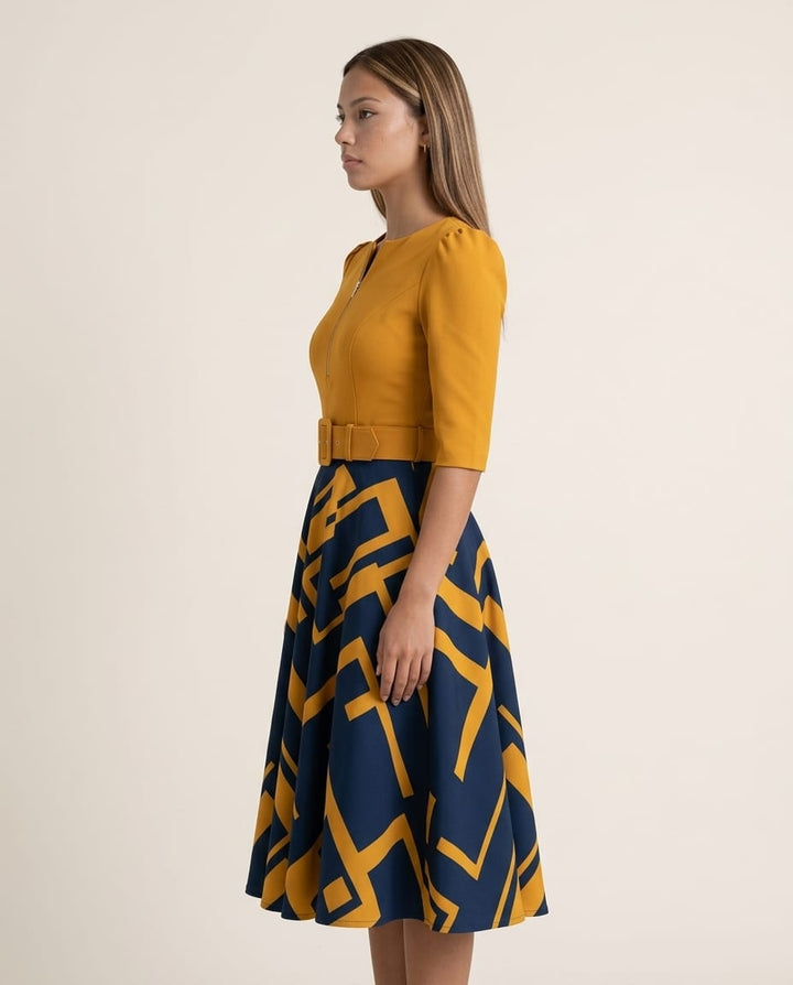 Zip Front Belted Midi Dress with Mixed Print Skirt - Elestira
