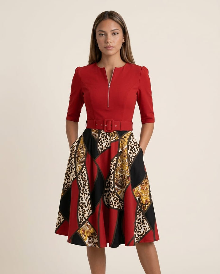 Zip Front Belted Midi Dress with Mixed Print Skirt - Elestira