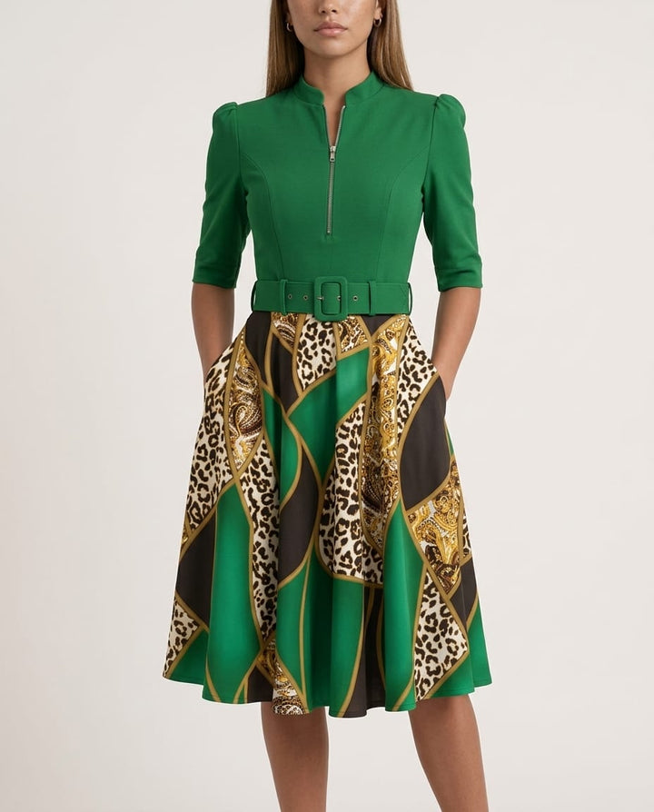 Zip Front Belted Midi Dress with Mixed Print Skirt - Elestira