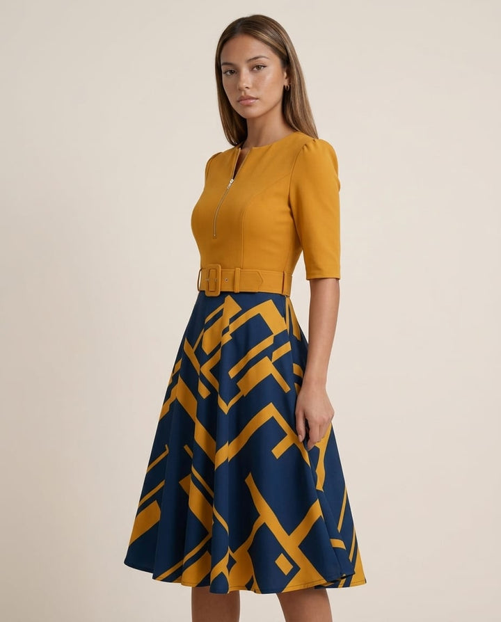 Zip Front Belted Midi Dress with Mixed Print Skirt - Elestira
